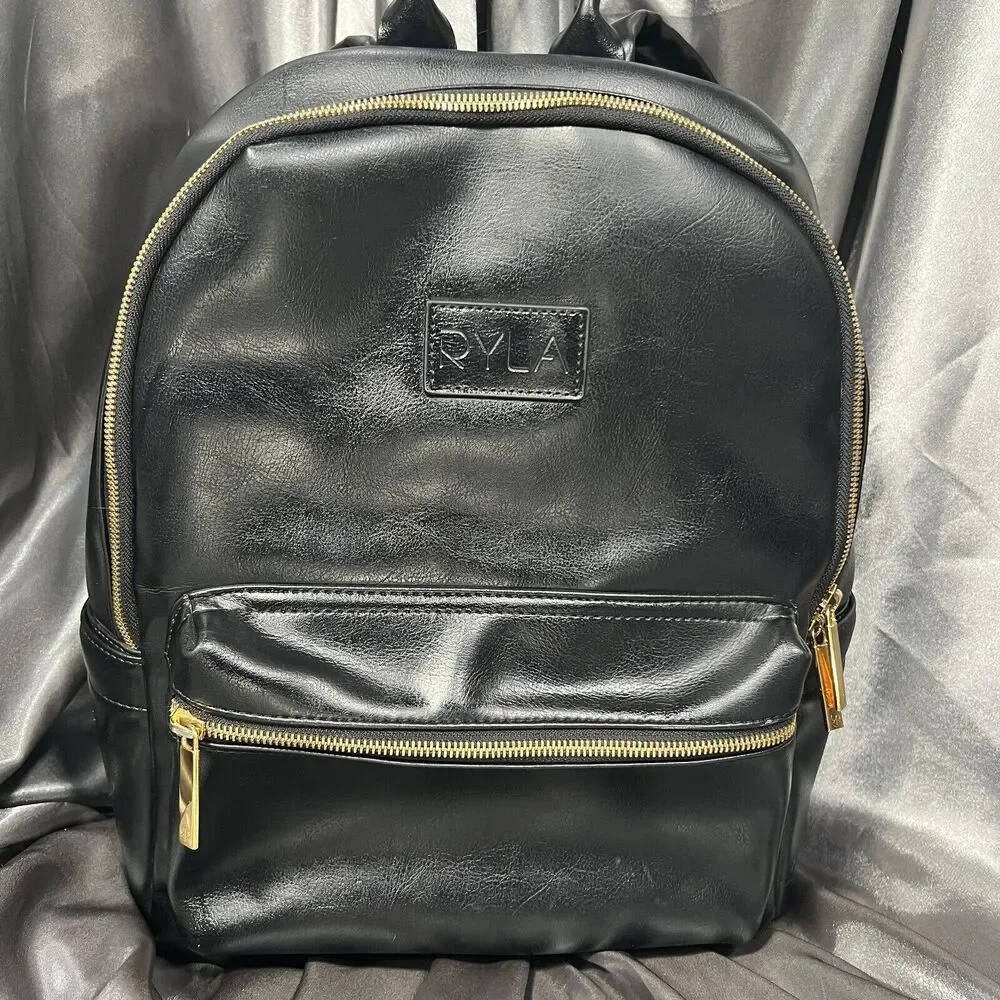 Ryla Ready Diaper Bag Black Gold Hardware Insulated Bottle Backpack‎ Minimalist